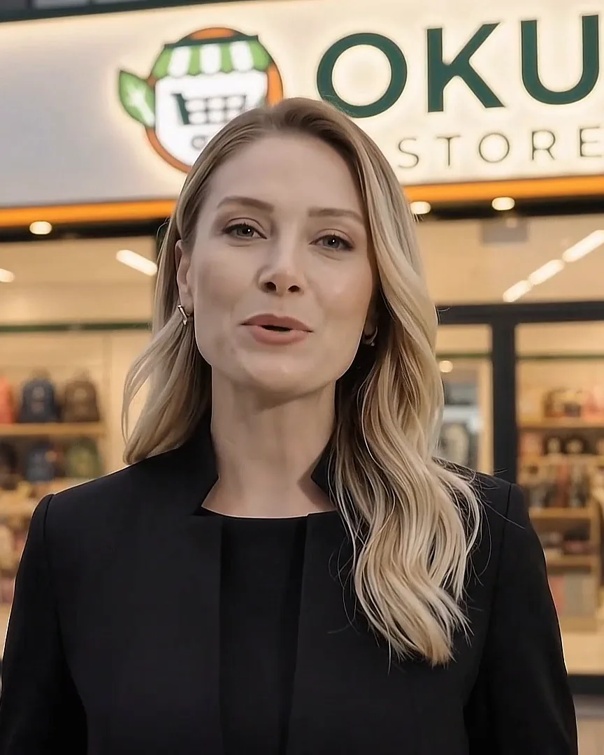 Okul Store mağazasının önünde markayı tanıtan sunucu