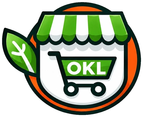 Okul Store logosu: yeşil-beyaz tenteli mağaza içinde OKL yazılı alışveriş sepeti, yaprak ve turuncu çember