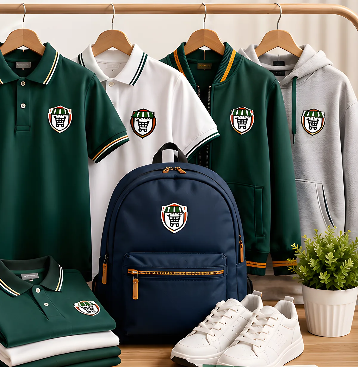 Okul Store logolu yeşil ve beyaz polo okul kıyafetleri, sırt çantası ve spor ayakkabı